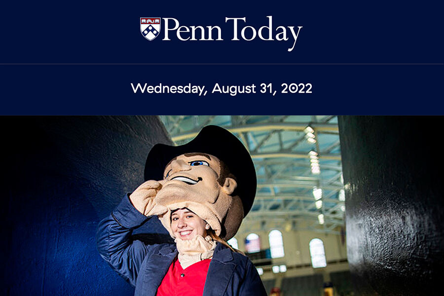 Screencapture of the PennToday newsletter masthead with photo of the Penn Quaker