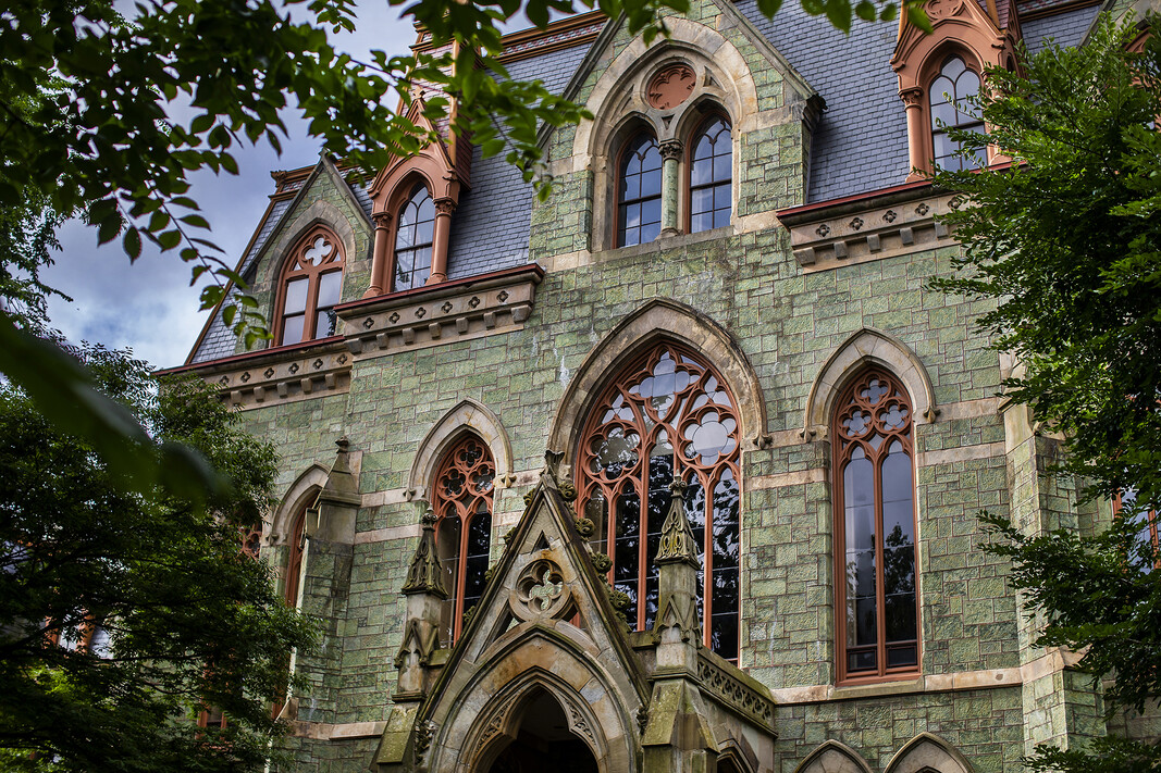 detailed architecture on the front of college hall